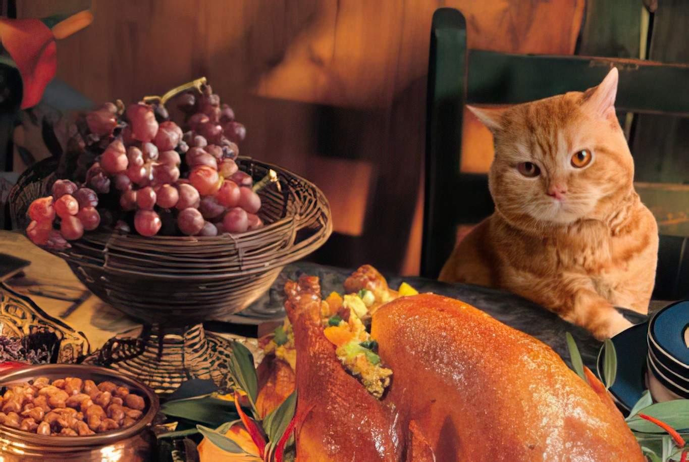 A cat is sitting at a table with a cooked Thanksgiving turkey.